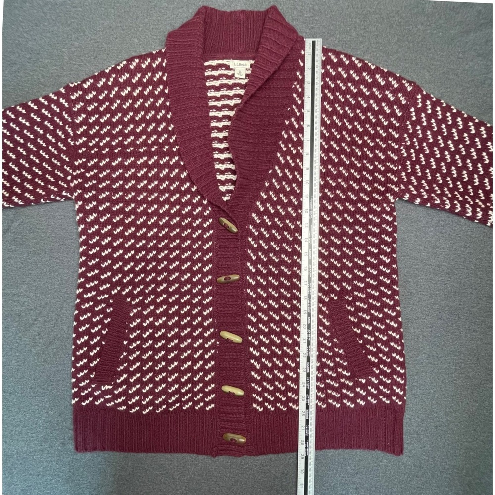L.L.Bean Lambswool Cardigan Sweater XL Burgundy Fair Isle Shawl Collar - Picture 7 of 9